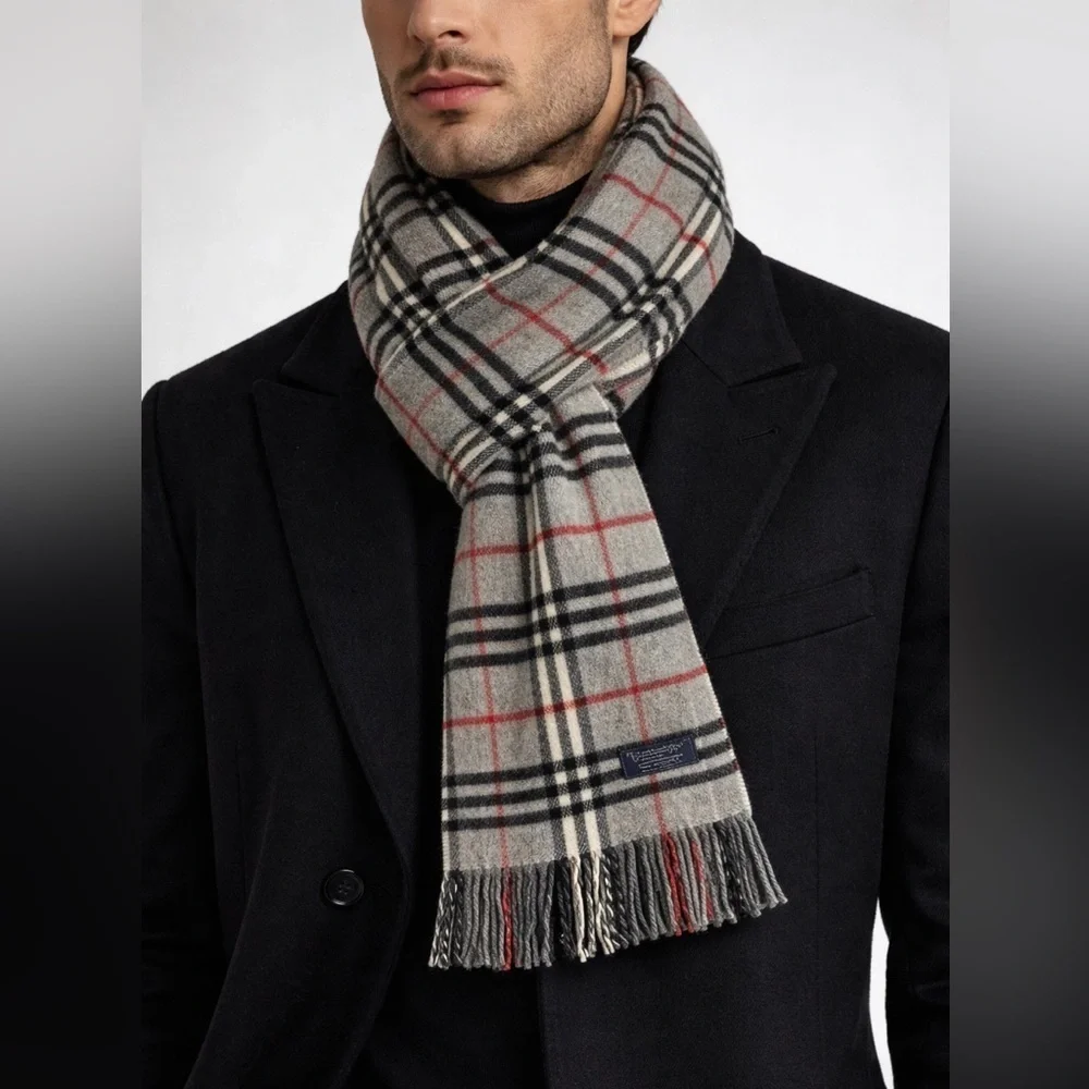 Burberrys Classic Gray and Red Plaid Scarf
